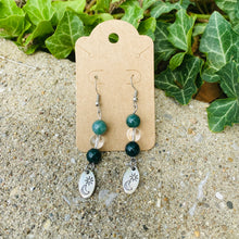Load image into Gallery viewer, Moss Agate + Clear Quartz, Sun &amp; Moon Earrings
