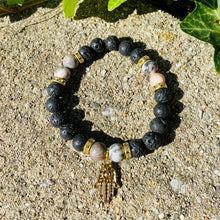 Load image into Gallery viewer, Pink Zebra & Lava Stone Hamsa Bracelet