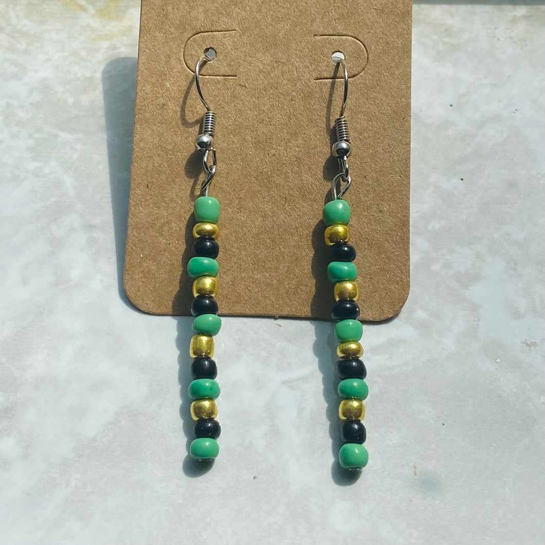 Seed Bead Earrings in Green, Black, & Gold