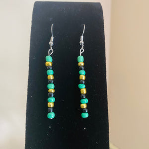 Seed Bead Earrings in Green, Black, & Gold
