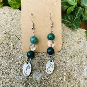 Moss Agate + Clear Quartz, Sun & Moon Earrings