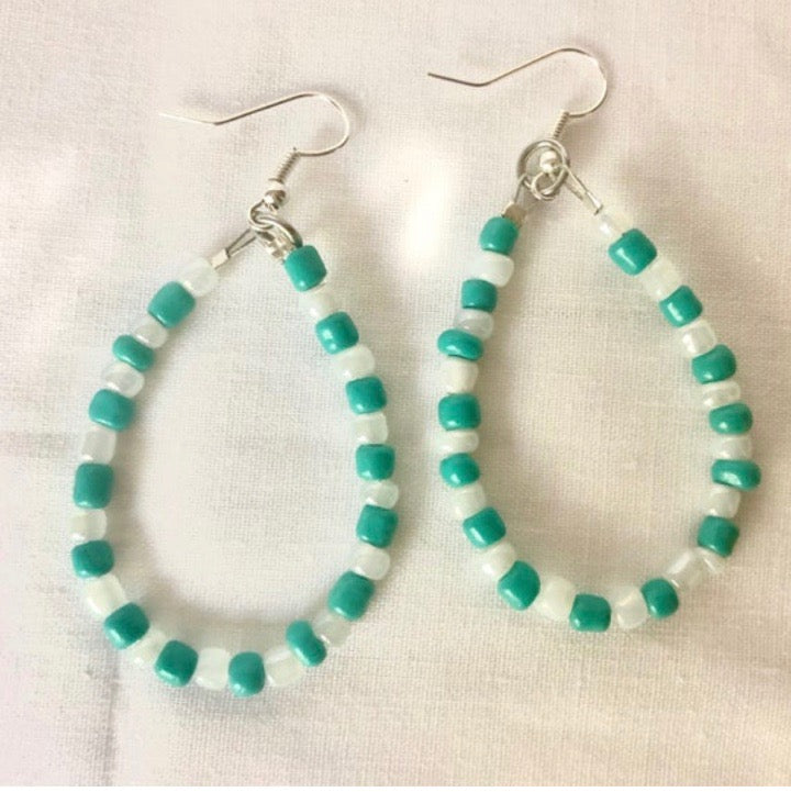 Turquoise and White Seed Bead Earrings
