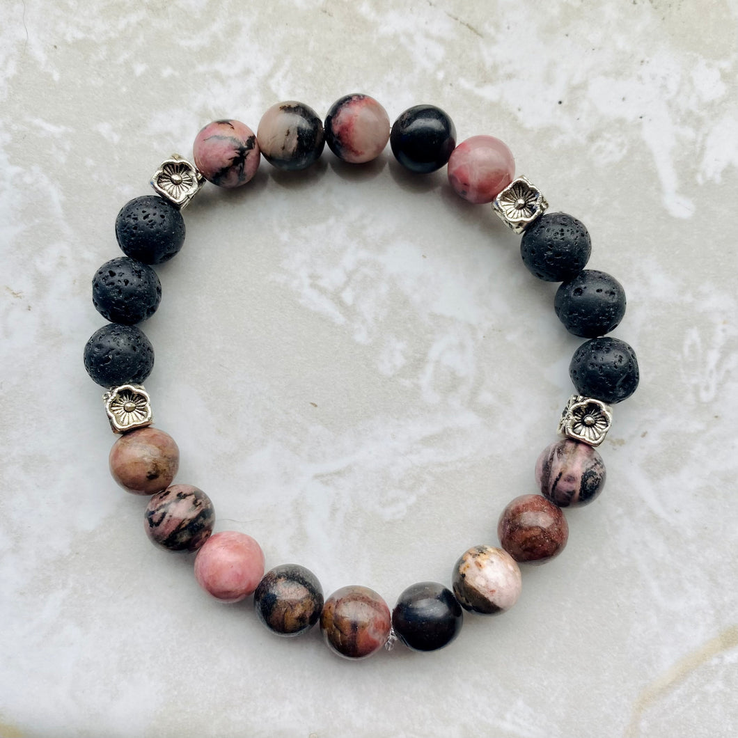 Black Lace Rhodonite & Lava Stone Bracelet