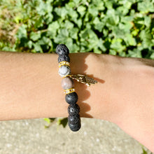 Load image into Gallery viewer, Pink Zebra & Lava Stone Hamsa Bracelet